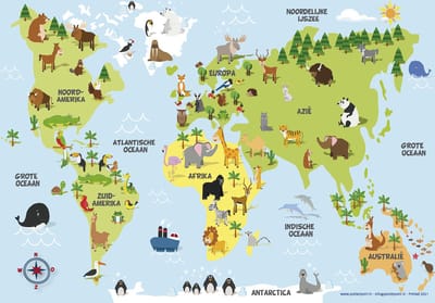 Kinder wereldkaart poster - dieren - oceanen - werelddelen - 70 x 100 cm