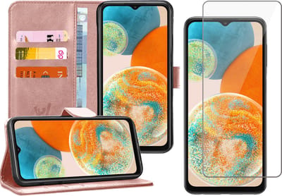 Hoesje geschikt voor Samsung A23 - Book Case Kunstleer Wallet Cover Portemonnee Pasjeshouder Hoes Roségoud - Tempered Glass Screenprotector