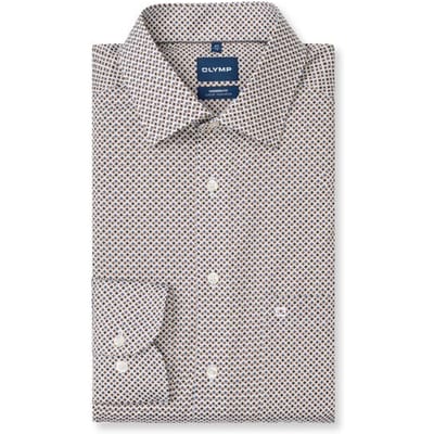 OLYMP Luxor modern fit overhemd - popeline - wit met blauw en bruin dessin - Strijkvrij - Boordmaat: 40 (EU maat: M)