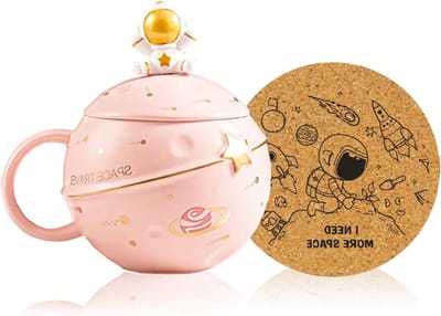 Kawaii Astronaut Cup met Ruimte- en Planeetdesign, Schattige Keramische Koffiemok met Deksel en Lepel, Perfect voor Koffie, Thee en Melk, Aesthetic Decoratie en Grappig Verjaardagscadeau