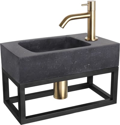 Differnz Fonteinset Bombai black - Natuursteen - Kraan gebogen mat goud - Met handdoekrek - 40 x 22 x 9 cm