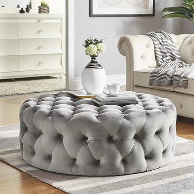 Voetenbank Poef - Ottomaanse Kruk - Extra Zitplaats - Getuft Fluweel - 60x60x40cm - Grijs