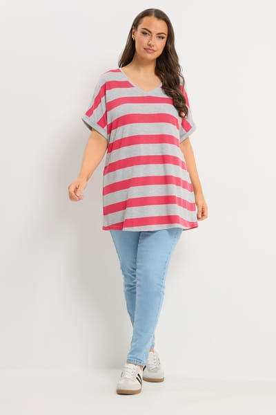 Yours Roze En Grijze Gestreepte Top Size 46