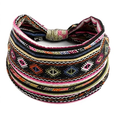 Zwart multicolor haarband dames – elastische brede haarband – stoffen haar accessoire met etnisch patroon – kleurrijk en comfortabel design