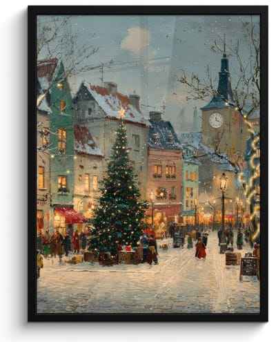 Poster in lijst - Fotolijst 60x80 cm - Posters - Kerstsfeer - Stadsplein - Kleurrijk - Posterlijst zwart - Decoratie - Wanddecoratie woonkamer - Muurdecoratie slaapkamer - Kerstversiering - Kerstdecoratie voor binnen - Kerstmis