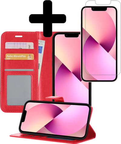 Hoesje - Met Screenprotector - Geschikt voor Apple iPhone 13 Mini - Luxe Pasjeshouder - Bookcase Portemonee - Flip Case - Kunstleer Book Case - Flipcase - Book Cover - Walletcase - Portemonneehoes - Telefoonhoesjes - Rood