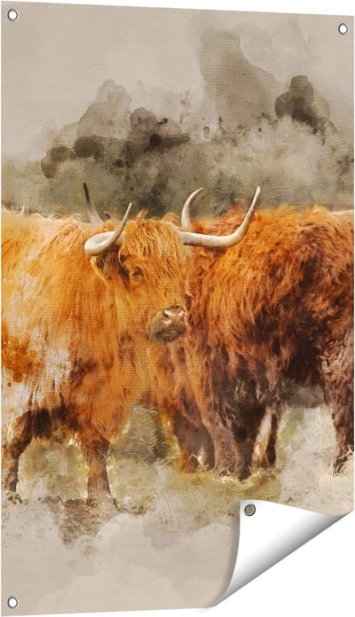 Gards Tuinposter Twee Schotse Hooglander Koeien - Abstract - 60x90 cm - Tuindoek - Tuindecoratie - Wanddecoratie buiten - Tuinschilderij