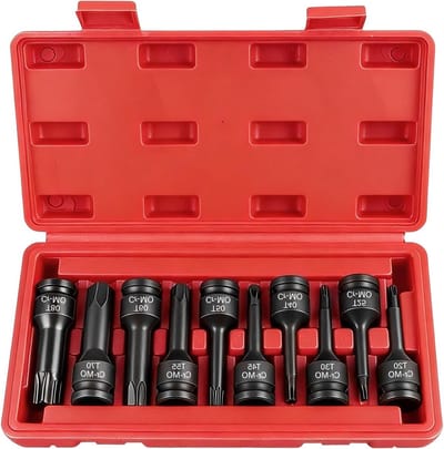 10-delige Multi-Tooth Torx Moerset 1/2 Inch T20-T80 voor Momentsleutel, Boor en Ratelsleutel met Rode Opbergdoos