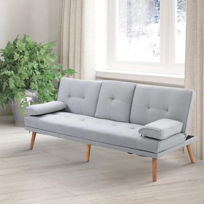 OKWISH Slaapbank 181 Cm - 3-Zits Met Verstelbare Rugleuning En Uitklapbare Tafel - Voor Woonkamer Of Logeerkamer - Polyester - Lichtgrijs