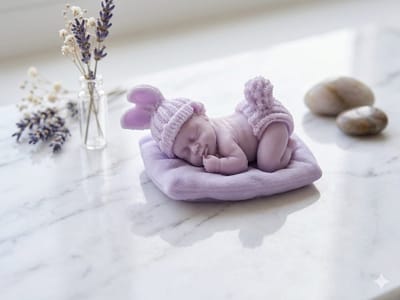 ​Handgemaakte Baby Zeep – Slapende Baby op Kussen – Lavendel Paars – Uniek Kraamcadeau