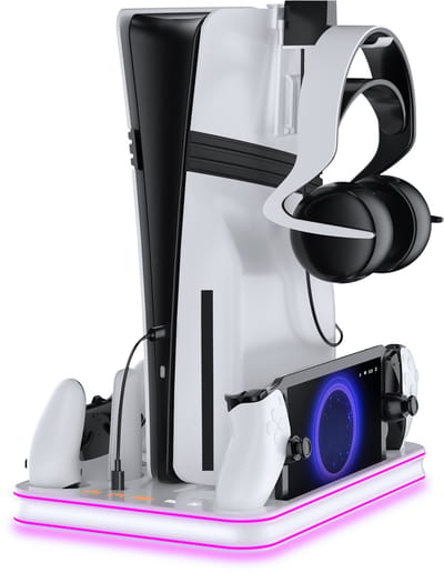 PlayCool all-in-one Multifunctionele RGB Oplaadstation- en Displaystandaard Geschikt voor PlayStation 5/ PS5 Slim/ PS5 Pro (Disc & Digital) & PlayStation Portal (incl. Screen Protector) - DualSense (Edge) controller