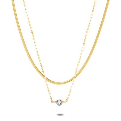 Twice As Nice Halsketting in goudkleurig edelstaal, dubbele ketting, 1 zirkonia, platte slang 39cm+5cm