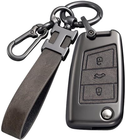 Dailygoods - Grijze Autosleutel Fob Hoes voor VW Volkswagen Golf 7 Mk7 Polo Jetta Tiguan Seat Leon Fabia Ibiza Skoda Fabia Octavia Superb Key Shell Houder met Lederen sleutelhanger