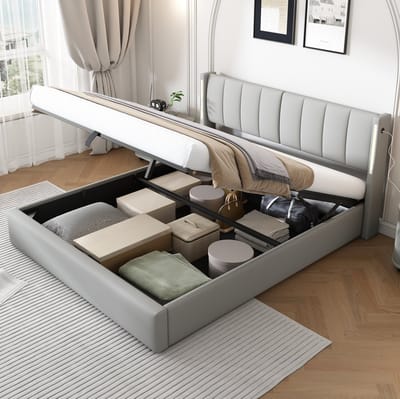 MIVRAY Gestoffeerd Bed 180x200 cm Zonder Matras - Tweepersoonsbed Met Ledverlichting, USB-Aansluiting en Opbergruimte - PU - Grijs