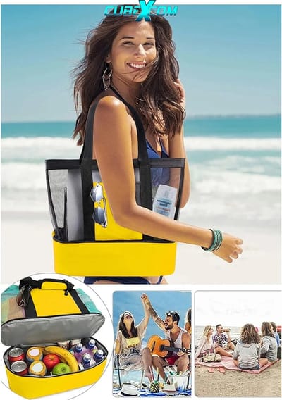 CUBEXCOM ® Grote Strandtas, Strandtas Met Rits, Mesh Strandtas Met Grote Geïsoleerde Koeltas, Strandtas Met Ritssluiting XL, Waterdichte Tas, Campingtas Lange Brede En Comfortabele Schouderbanden, Hoge Capaciteit 13-35 Liter, GEEL