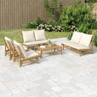 vidaXL - 5-delige - Loungeset - met - kussens - bamboe - crèmewit