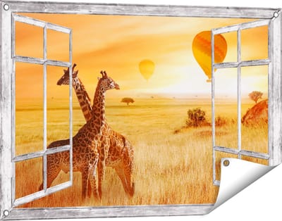 Gards Tuinposter Doorkijk Twee Giraffen met Twee Oranje Luchtballonnen - 90x60 cm - Tuindoek - Tuindecoratie - Wanddecoratie buiten - Tuinschilderij