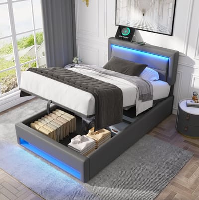 MEUNIQ gestoffeerd bed 90 x 190 cm met lattenbodem, USB laadfunctie, LED-verlichting en opbergruimte voor slaapkamer, grijs