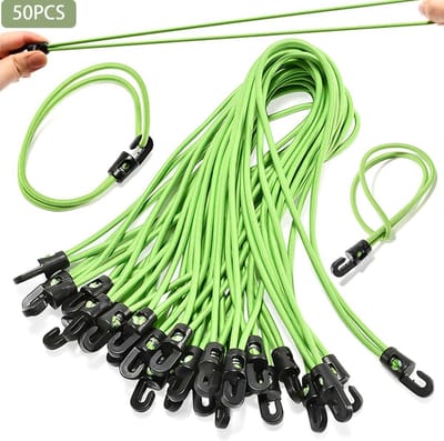 Verpakking van 50 elastische touwen met haken - Tentkabels - Bagagetouwen met haken - 4 mm dikke tentkabels met spanners - Elastische banden - 26 cm - Voor het vastzetten van banners, vlaggen en tenten