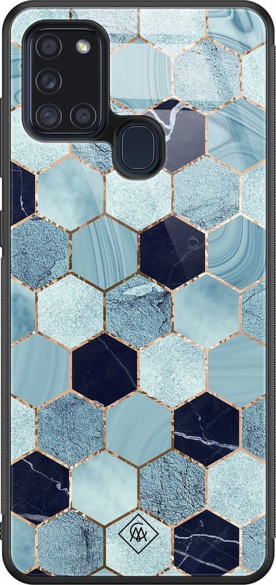 Casimoda® hoesje - Geschikt voor Samsung Galaxy A21s - Blue Cubes - Luxe Hard Case Zwart - Backcover telefoonhoesje - Blauw