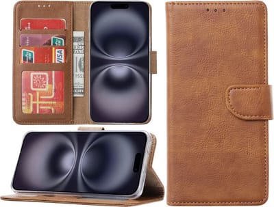 Hoesje Geschikt voor iPhone 16 Plus hoesje – portemonnee bookcase met pasjeshouder – Bruin