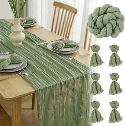 Tafelloper, saliegroen, tafelloper, gaas, Boheems, 400 x 90 cm, transparant, rustiek, voor bruiloft, verjaardag, communie, feest, 6 stuks, stoffen servetten, 6 stuks, rond servet