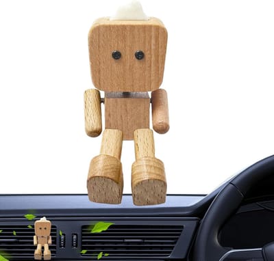 Houten Robot Luchtverfrisser - Ventilatie Geurclip - Auto Interieur Opfrissen - Robot Kunst Design - 6 x 3.7 cm - Houtkleur