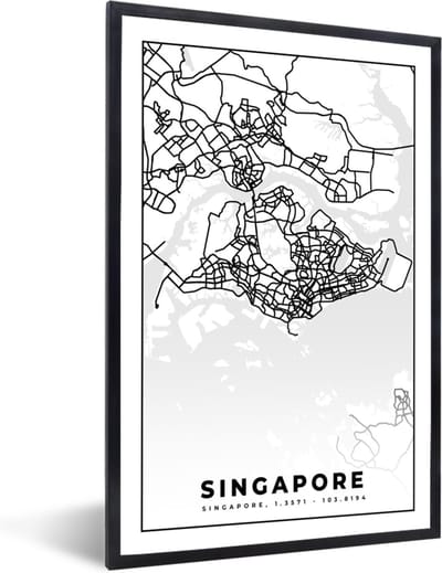 Fotolijst incl. Poster Zwart Wit- Singapore - Plattegrond - Kaart - Stadskaart - Zwart Wit - 40x60 cm - Posterlijst