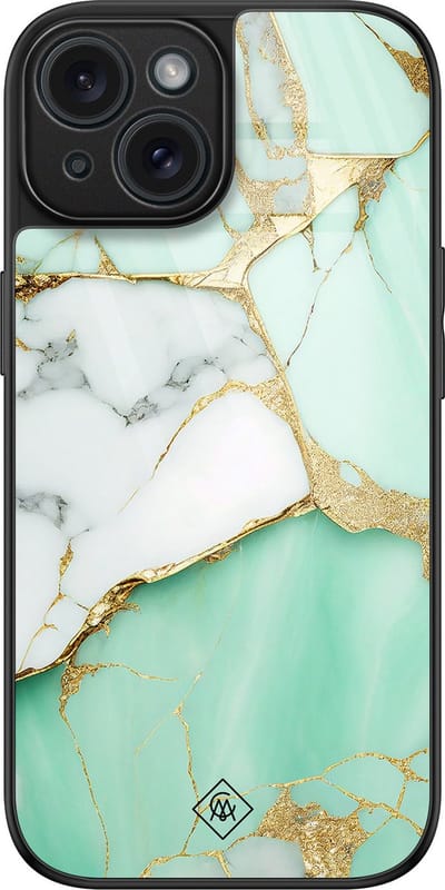Casimoda® hoesje - Geschikt voor iPhone 15 - Marmer Mint Goud - Luxe Hard Case Zwart - Backcover telefoonhoesje - Mint