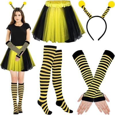 Zesdelige bijen- en lieveheersbeestje kostuumset voor volwassenen met tule rok en vingerloze handschoenen, perfect voor carnaval en themafeesten