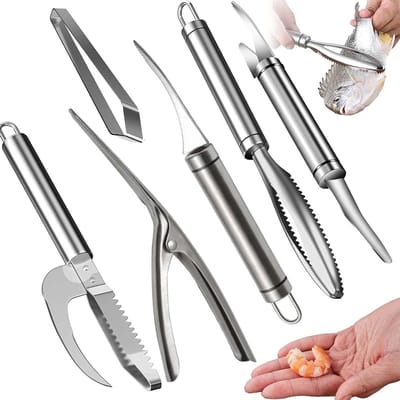 6-delige set voor het verwijderen van visschubben, multifunctionele garnalenpeeler van roestvrij staal, garnalen schoonmaakgereedschap en schilmes voor een efficiënte bereiding