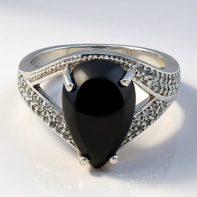 Cavill - Asymmetrische Ring - 925 Zilver - 8,07ct Zwarte Hematiet Peervorm - 0,27ct Witte Topazen - Moderne Elegante Damesring 17