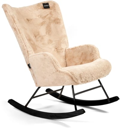 Aemely® Schommelstoel 'Mama' - Beige Imitatiebont, Zwart Hout