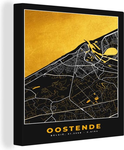 Canvas Schilderij Stadskaart - Oostende - Plattegrond - Goud - Kaart - 20x20 cm - Wanddecoratie