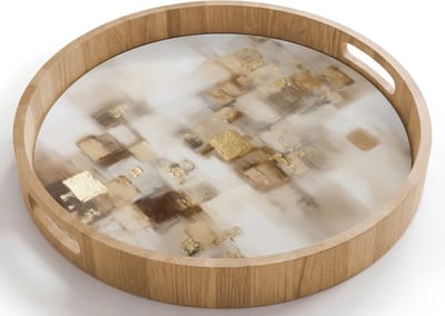 Dienblad rond 40x40 cm - Schootdienblad hout - Abstracte vierkanten - Aardetonen - Mistig - Borrelplank rechthoek - Plateau houten dienbladen
