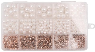 Dailygoods- Kralen 720 stuks - Ronde witte kunststof kralen - Gouden spacerkralen - Knutselset voor sieraden maken - Doos 17 x 9,7 x 2 cm - Lichtgewicht 130 g
