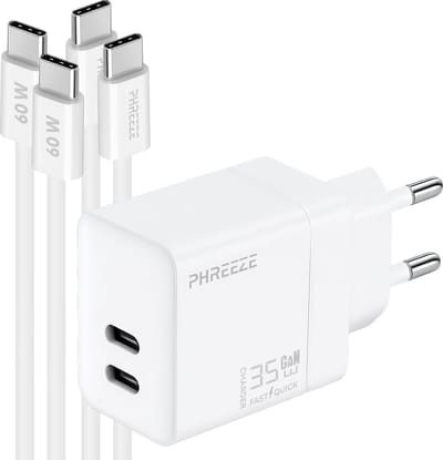 Phreeze usb C oplaadset 35 W - GaN charger met 2x usb C naar usb C kabels - Snellader