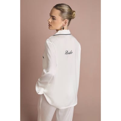 boohoo Dames Bruidspyjama Set 'Bride' Satijn Geborduurd Lange Mouwen Shirt & Broek | Wit | Maat: 38