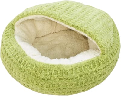 KZQ Pluizige Kattenmand Met Kap Half Omsloten Schelp Vorm Knus Verwarmend Anti-Slip Huisdieren Nest Voor Kat Puppy S En Kleine Honden Groen-S