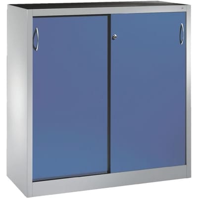 C + P gereedschapskast met schuifdeuren Acurado, B 1200 x D 600 x H 1200 mm, draagvermogen per legbord 70 kg, staal, lichtgrijs/geniaanblauw