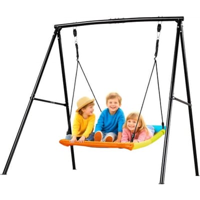 VEVOR tuinschommel met A-vormig metalen frame, schommelzitje (150 x 81 cm), draagvermogen tot 199,6 kg, buitenschommelset, verstevigd met spiraalvormige grondankers, kleurrijke kinderschommel
