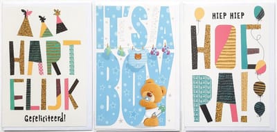 3 Wenskaarten - It’s a Boy + Hiep Hiep Hoera + Hartelijk Gefeliciteerd - 12 x 17 cm – GEB-307