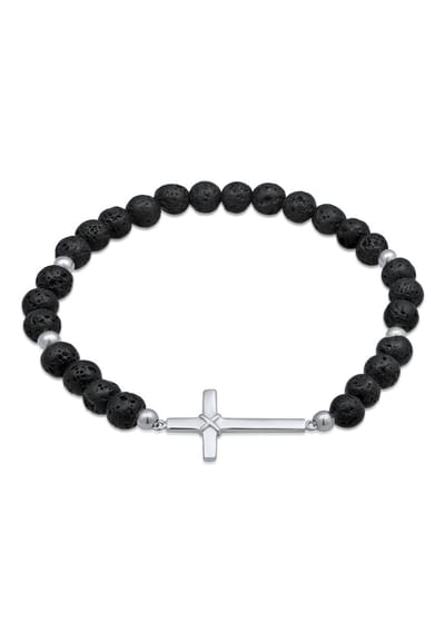 KUZZOI - Armband - Heren Kruis Hanger Religie met Lavakralen zwart in 925 Sterling Zilver - Heren