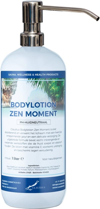 Bodylotion Zen Moment 1 Liter met luxe RVS zilverkleurige pomp - stijlvolle en duurzame uitstraling