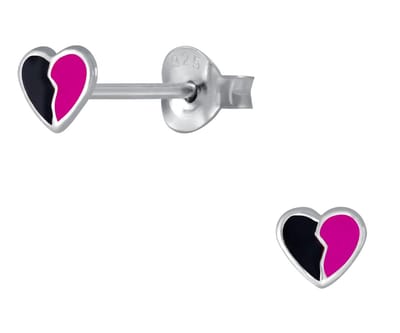 Joy|S - Zilveren petit hartje oorbellen - 4.5 mm - zwart roze