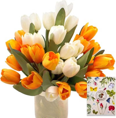 36 Stuks Kunstmatige Tulpen Bloemen, 4 Bossen Zijden Nep Tulpen Boeketten met Wenskaart voor Huiskamer, Kantoor, Bruiloft en Tafelversiering (Geel/Wit)