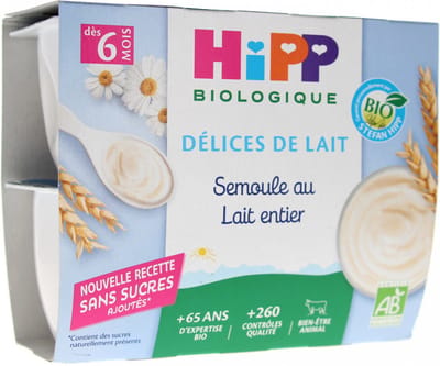 HiPP Délices de Lait Semoule au Lait Entier Vanaf 6 Maanden Biologisch 4 Potten
