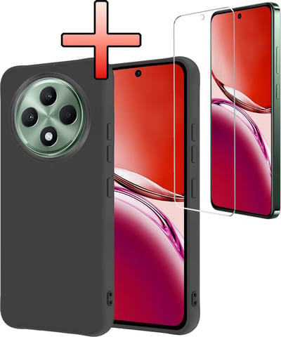 Hoesje - Met Screenprotector - Geschikt voor Oppo Reno 12 F - Sterk & Shockproof - Back Cover - Siliconen Case - Telefoon Hoes - Zwart