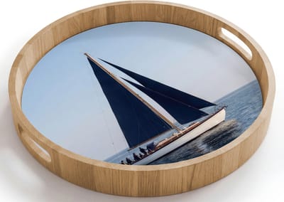 Dienblad rond 40x40 cm - Schootdienblad hout - Zeilboot - Zee - Blauw - Borrelplank rechthoek - Plateau houten dienbladen