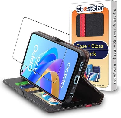 ebestStar - Hoes geschikt voor Oppo A76, Wallet Etui, Book case hoesje, Zwart, Rood + Gehard Glas